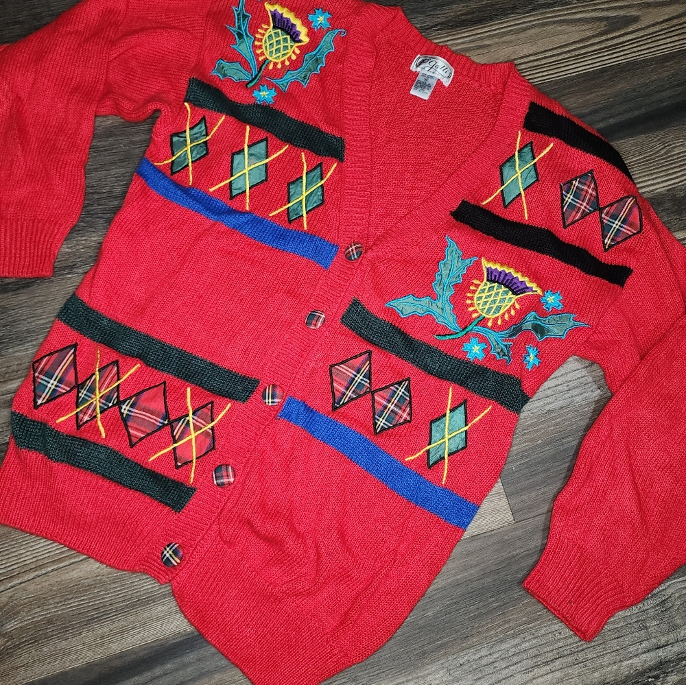 Ladies P'Galli Vintage Cardigan Sweater Medium Christmas Holiday Red Tacky Party